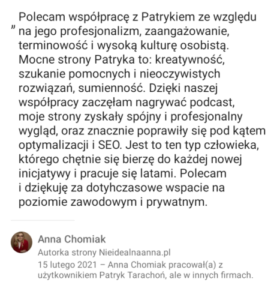 Rekomendacja Anny Chomiak na LinkedIn - dla Patryka Tarachoń
